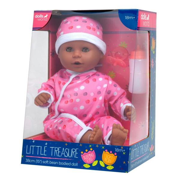 Dolls World Little Treasure - 38cm Soft Bean Bodied Black Doll - For ages 18 months+