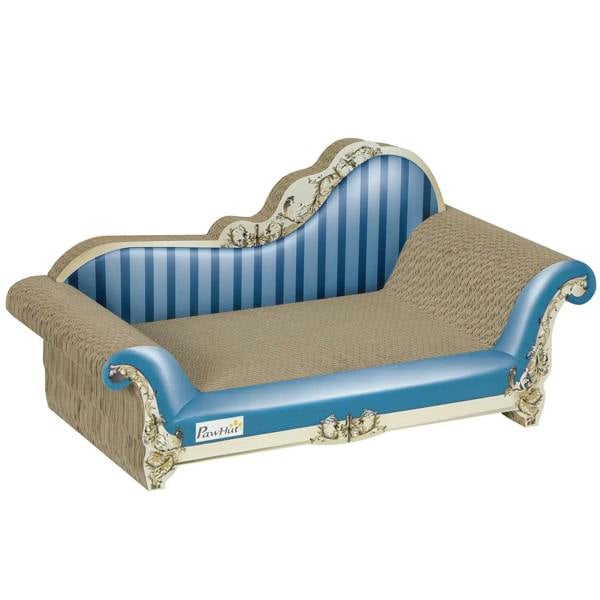 Blue 2-in-1 cat scratching board with catnip, striped inner and scratch mat.