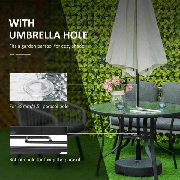Black round glass outdoor table with central umbrella hole and protective patio styling