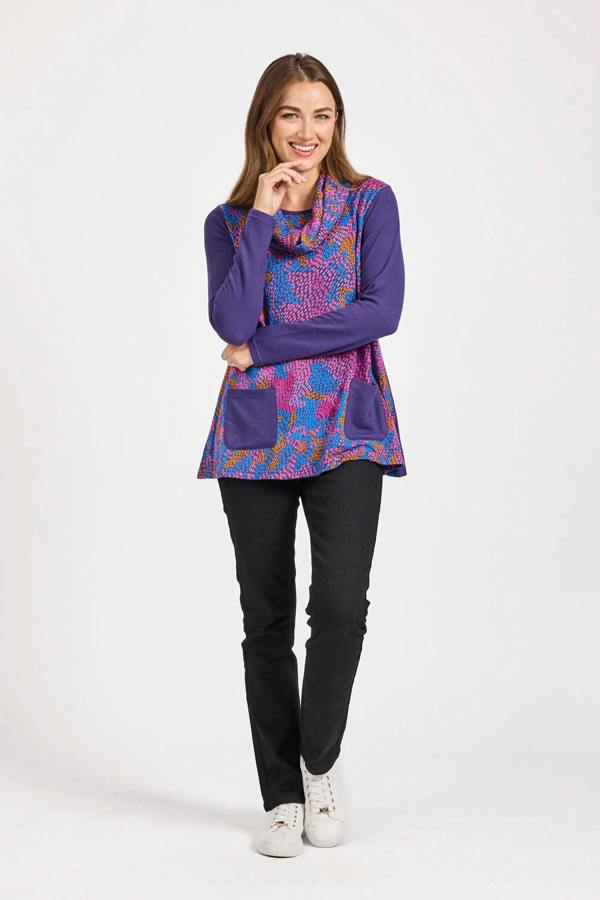 Mudflower Abstract Print Cowl Neck Top