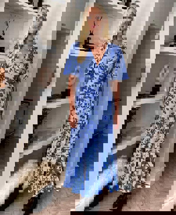 Blue Floral Maxi Dress with Sleeves v neck