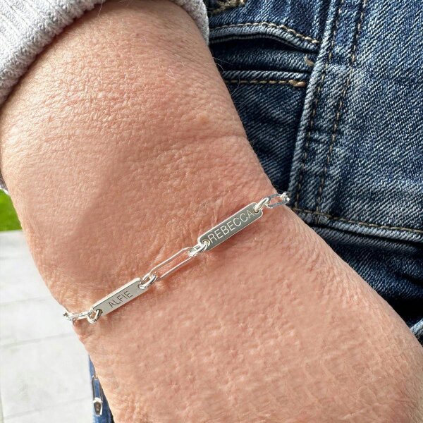 Christopher James of London Sterling Silver Personalised Paper Clip Bracelet With Engraved Bar Links