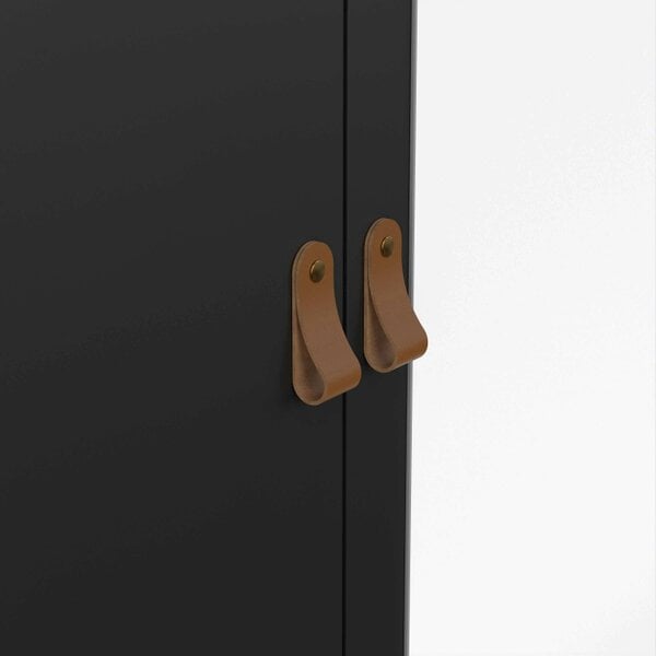 Wyld Haus Wildberry Matt Black Mirror Wooden Wardrobe 2 Doors 2 Drawers Leather Handles