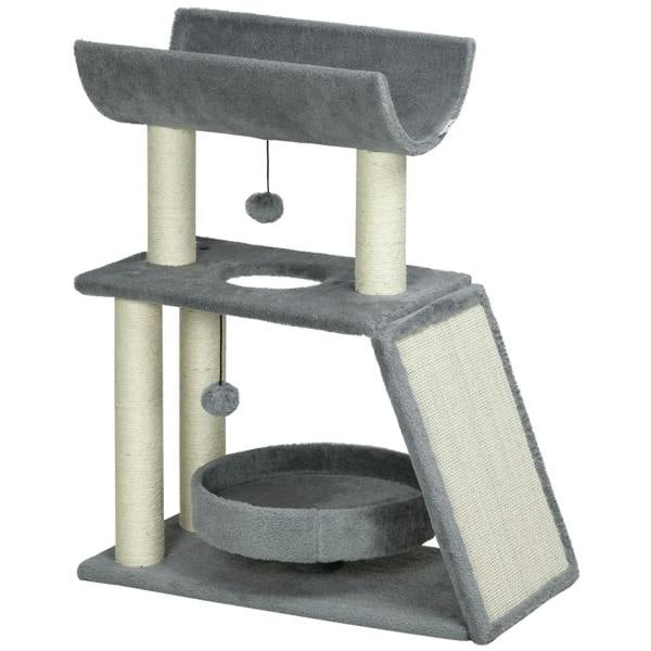 Light grey cat tree tower with curved top perch, round bed, and swinging toy balls