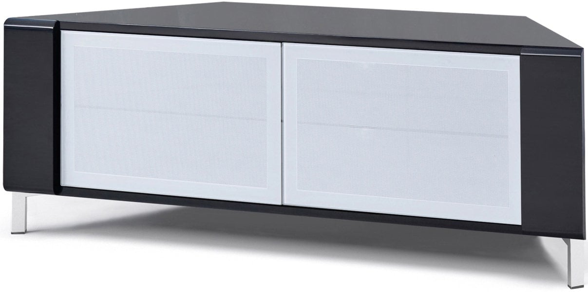 MDA Designs CORVUS Corner-Friendly Gloss Black Contemporary Cabinet with Black Profiles White BeamThru Glass Doors for Flat Screen TVs up to 50"
