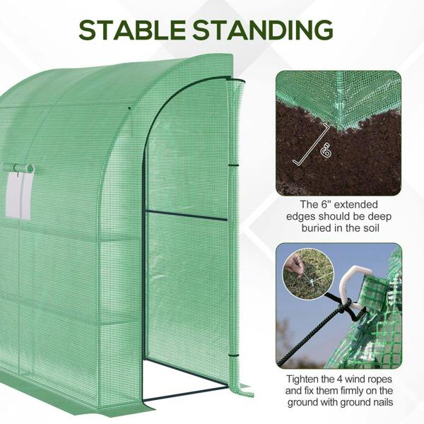 Green lean-to greenhouse corner with roll-up door opening and secured edge attachment