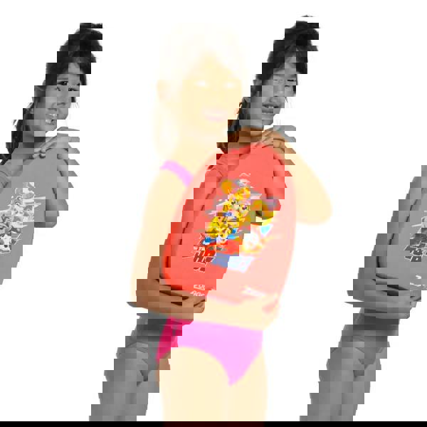 Red Zoggs Paw Patrol Mini Kids Kickboard with pink swim vest, cartoon characters and joby logo