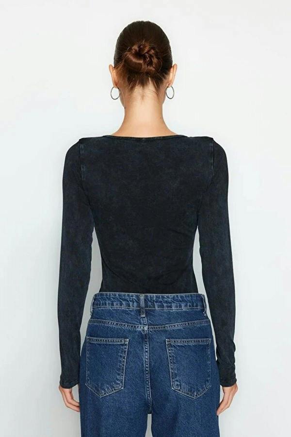 WOVCOR Cotton Long Sleeve Knitted Bodysuit with Faded Effect