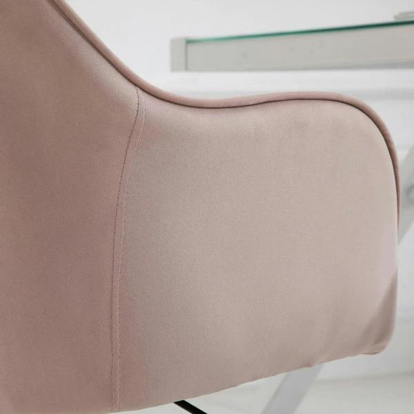 Pink velvet armrest and side panel with stitched seams