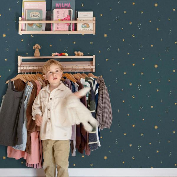 Grandeco Dudley Night Sky Stars Nursery Textured Wallpaper, Blue