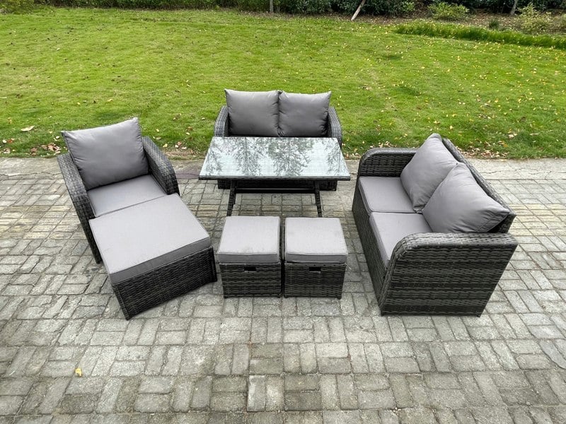 Fimous 8 Seater Outdoor Garden Dining Sets Rattan Furniture With Dining Table Armchairs Love Sofa 3 Footstools Dark Grey Mixed