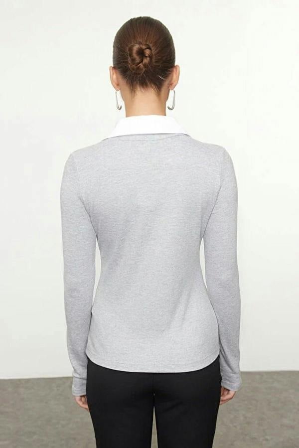 WOVCOR Woven Shirt Collar Knit Blouse