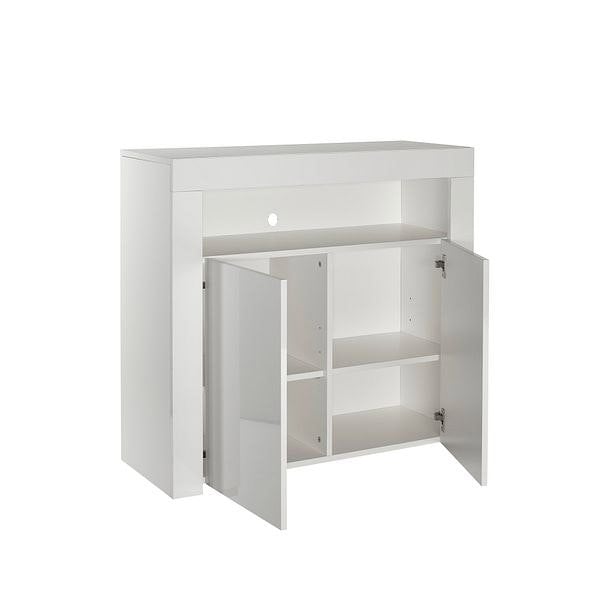 MMT Furniture Designs Modern Sideboard White Matt Gloss Buffet Plate Storage Cabinet with Blue LED Lights