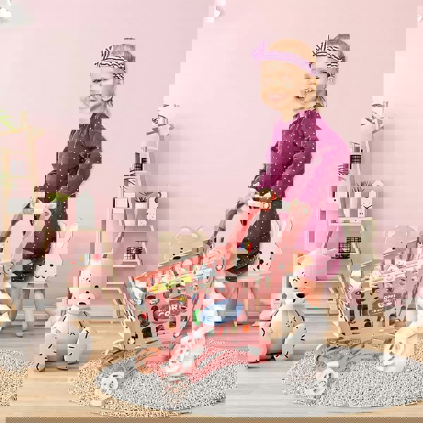 deAO Toys Kids Easy to Assemble Shopping Cart with Groceries, POS Machine, Plastic Money, Credit Cards and Shopping Cards - Red