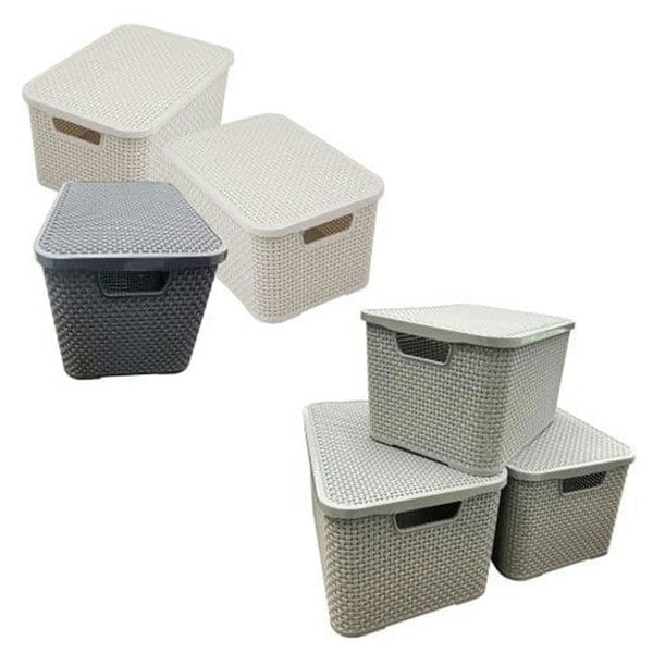 1 x Nature Inspired Light Grey Home & Office Rattan Effect Storage Basket With Lid