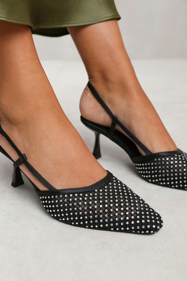 Where's That From Greece Slingback Pointed Toe Heel With Diamante Mesh in Black Satin