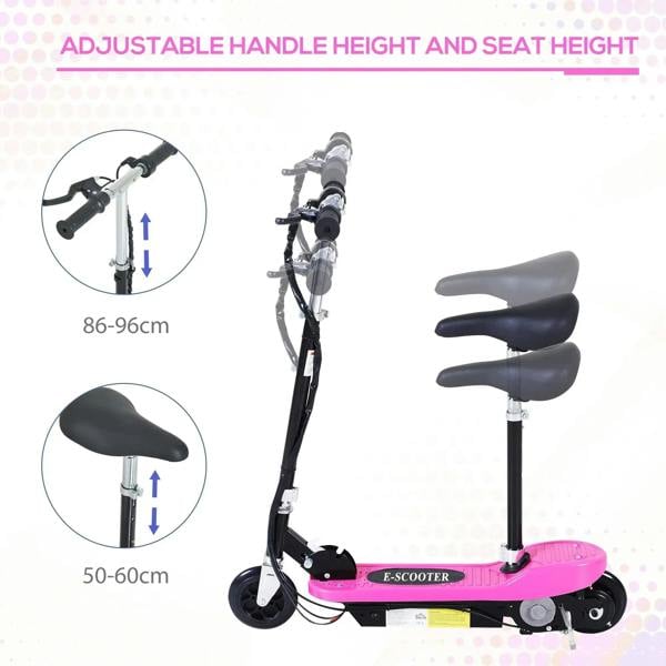 Pink foldable electric kids scooter with adjustable handlebar and seat, side view