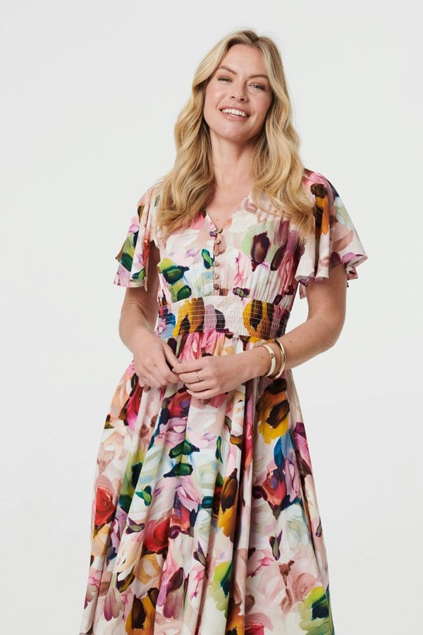 Pink | Floral Short Puff Sleeve Midi Dress
