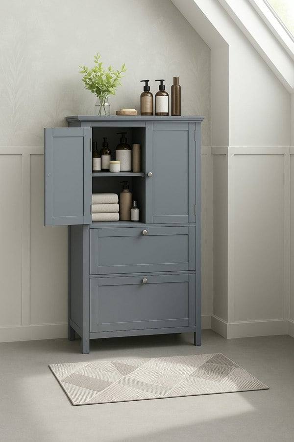 freestanding bathroom cabinet with drawers and adjustable shelf