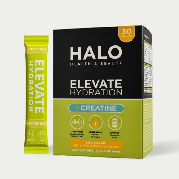 HALO Health & Beauty Elevate Hydration Creatine package with a yellow sachet