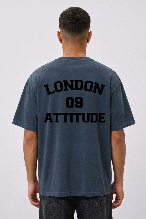 London Attitude Oversized Heavyweight T-Shirt with Varsity Back Print - Blue Dusk