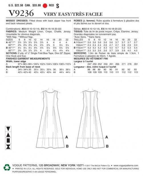 Vogue Sewing Pattern 9236, Dresses for Women, A5 (6-8-10-12-14) - Easy