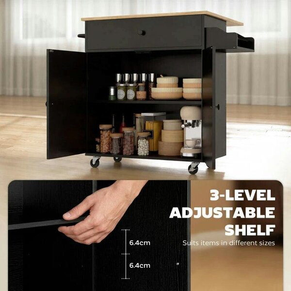 Kitchen Island with Drop Leaf, Rolling Kitchen Storage Trolley on Wheels with Drawer, Spice Rack and Towel Rack, Black