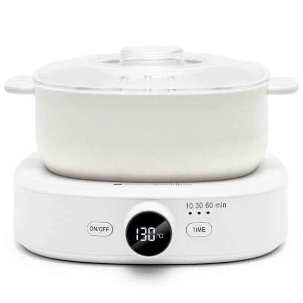The Rio Go Smooth Hair Removal Wax Heater features a digital display set to 130°C, ON/OFF and timer buttons, plus a ceramic pot with glass lid—ideal for melting wax for professional hair removal.