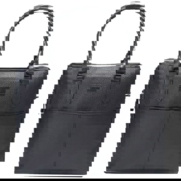 This image shows a Barney & Taylor matte black messenger bag. This image shows the bag from the front.