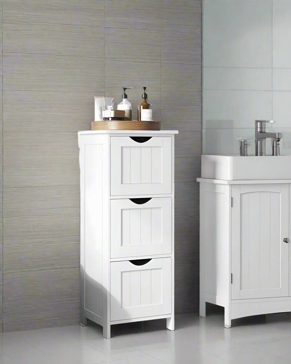 Slim matte white floor cabinet with 3 drawers in Scandinavian style for bathroom or bedroom


