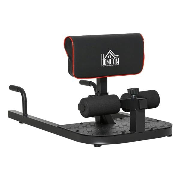 Black padded hip thrust bench with push-up handles and adjustable backrest