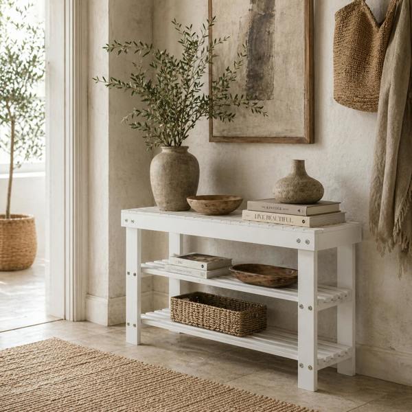 Wyld Haus Riyo White Bamboo 2 Tier Shoe Storage Bench