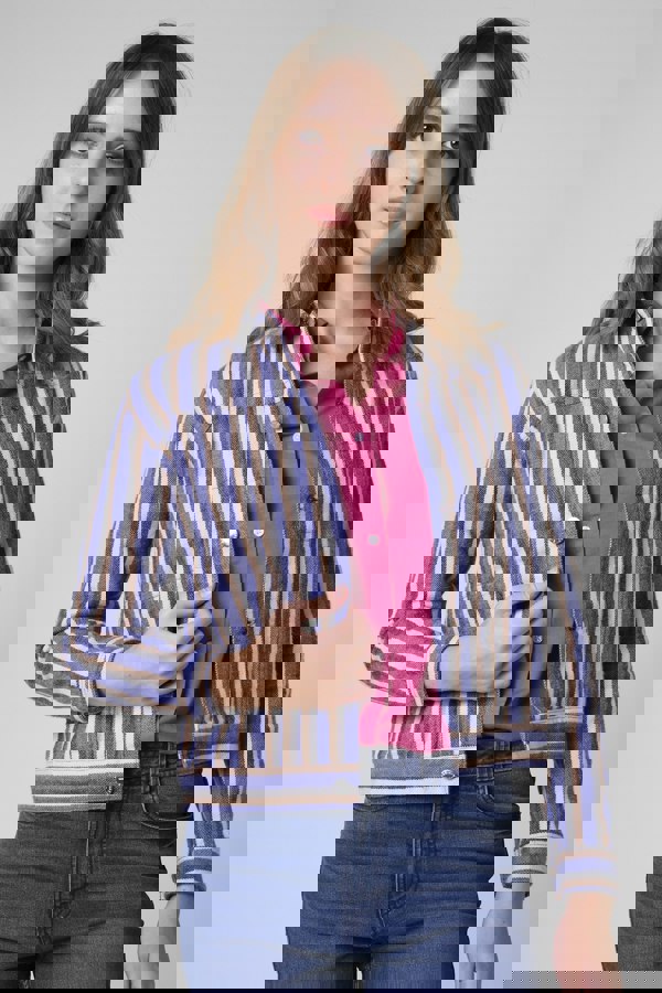 ENORSIA Womens White Stripe Pattern Cropped Jacket