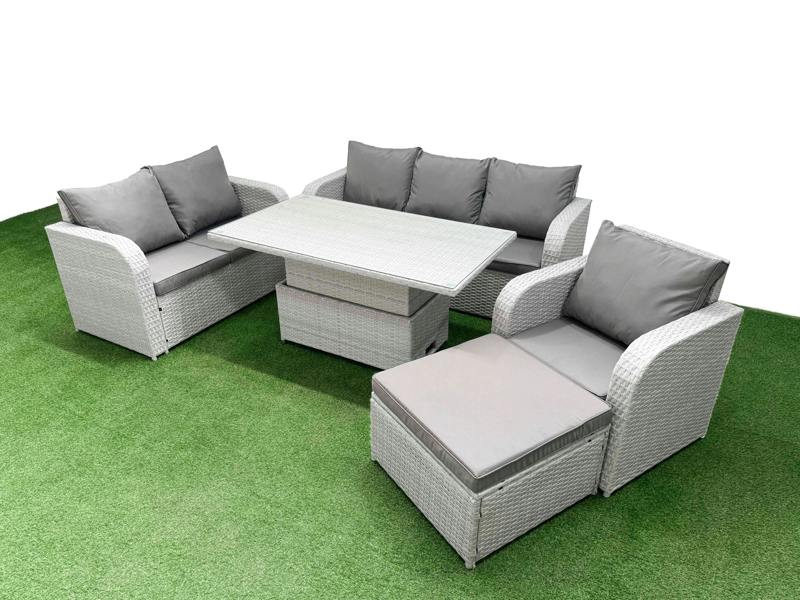 Fimous 7 Seater Patio Furniture Set, PE Wicker Rattan, Adj Height Table, Reclining Chair, Loveseat, 3 Seater Sofa and Big Footstool, Light Grey