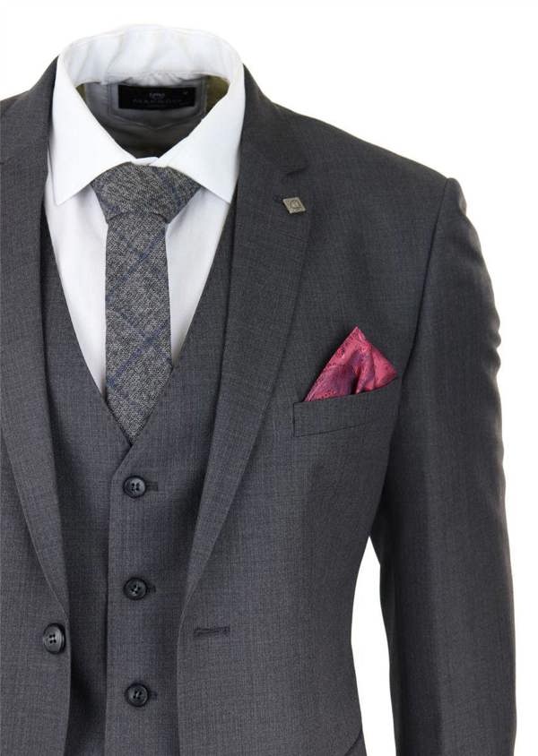 Paul Andrew Mens 3 Piece Charcoal Grey Classic Stitch Retro Suit