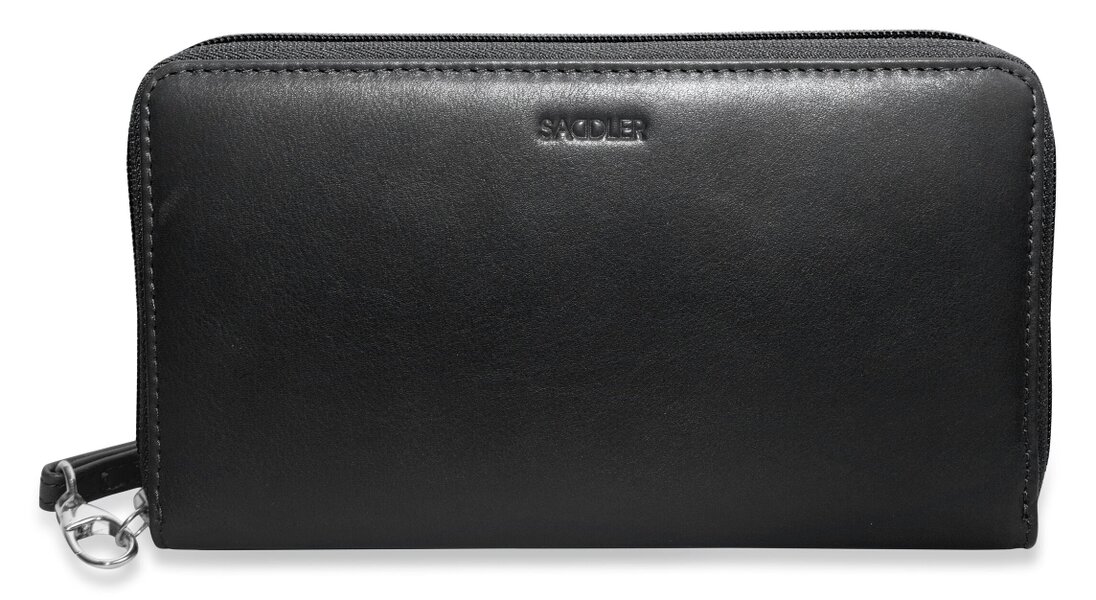 SADDLER SOPHIA Leather Zip Around Purse  - 15 Card slots, Mobile Phone Pocket,  Detachable Wrist Strap- RFID Protected - Black