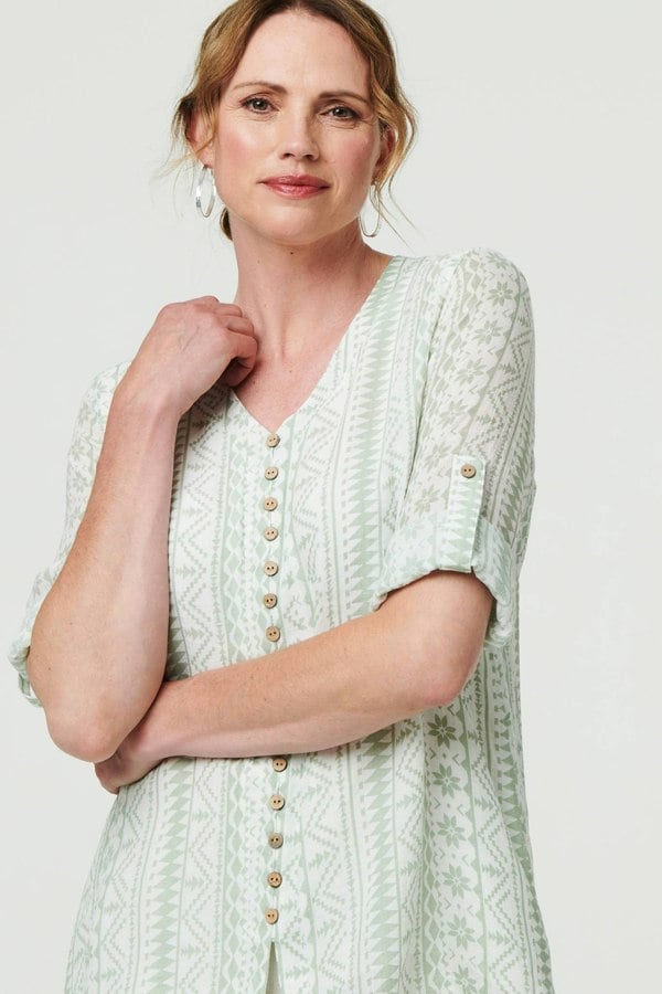 Sage | Printed Button Front Curve Hem Blouse
