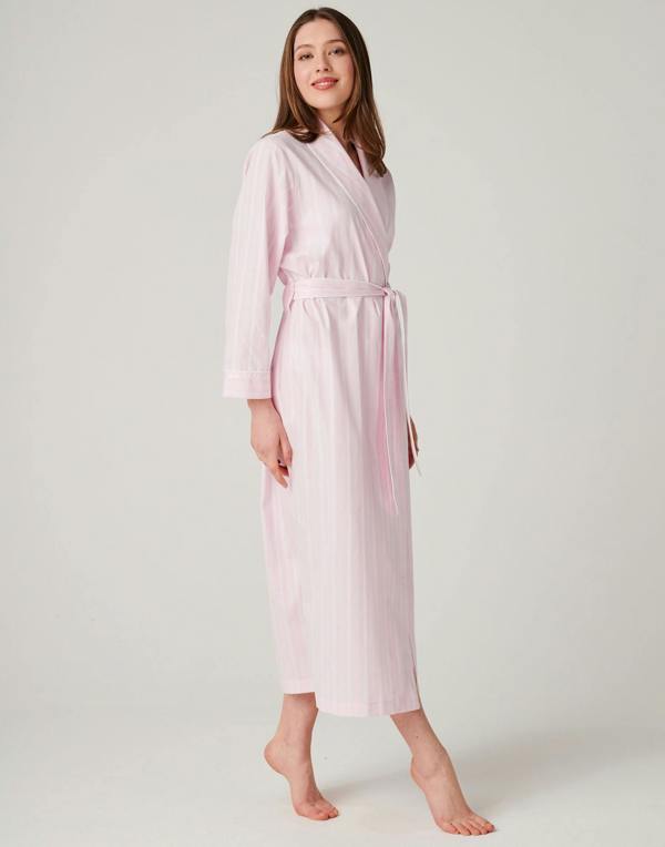 British Boxers Women's Cotton Dressing Gown – Shell Pink Satin Stripe