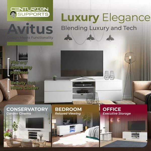 Centurion Supports Avitus Premium High Gloss White with 4-White Drawers and 3-Shelf 32"-65" LED/OLED/LCD TV Cabinet