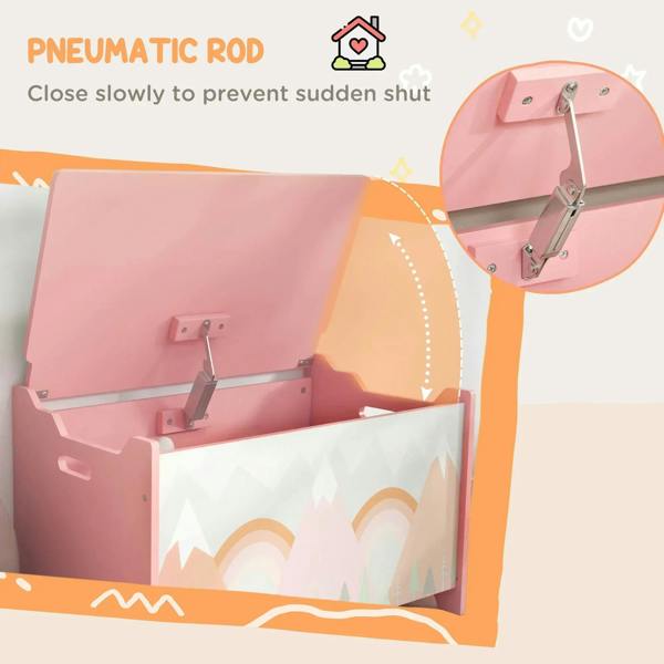 Pink toy storage chest with hinged lid that closes slowly, interior visible