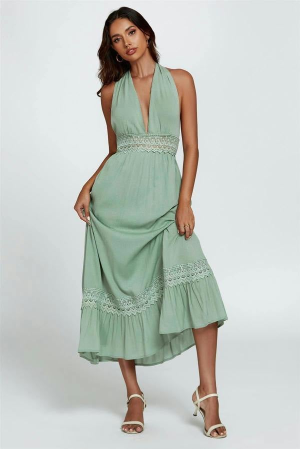 FS Collection Lace Detail Adjustable Deep V Neckline Maxi Dress In Green