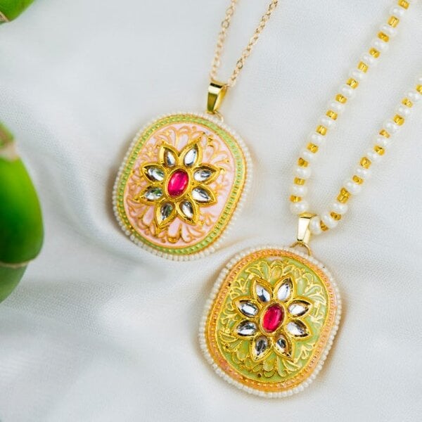 The Colourful Aura Green Pink Floral Indian Meenakari Enamel Stone Pearl Ethnic Pendant Necklace