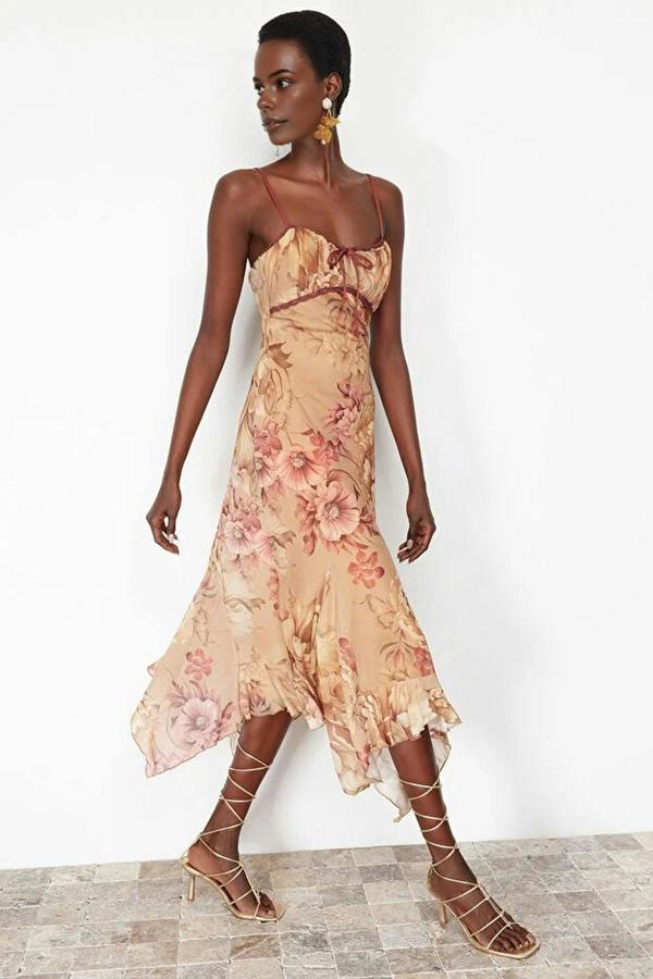WOVCOR A-Line Floral Patterned Ruffled Knitted Tulle Dress