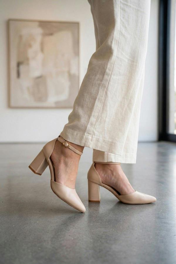 Saoirse Pointed Toe Ankle Strap Heels - Beige