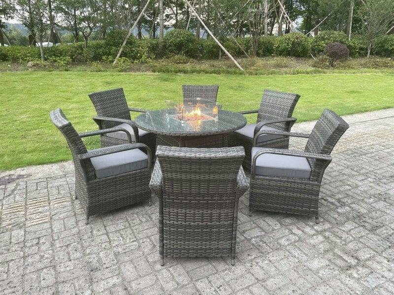 Fimous Rattan Garden Furniture Gas Fire Pit Round Dining Table Gas Heater And Dining Chairs 6 Seater