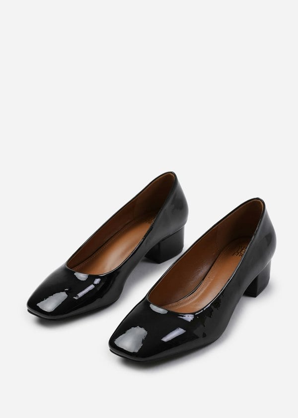 Where's That From Seattle Wide Fit Low Block Heel With Square Toe in Black Patent