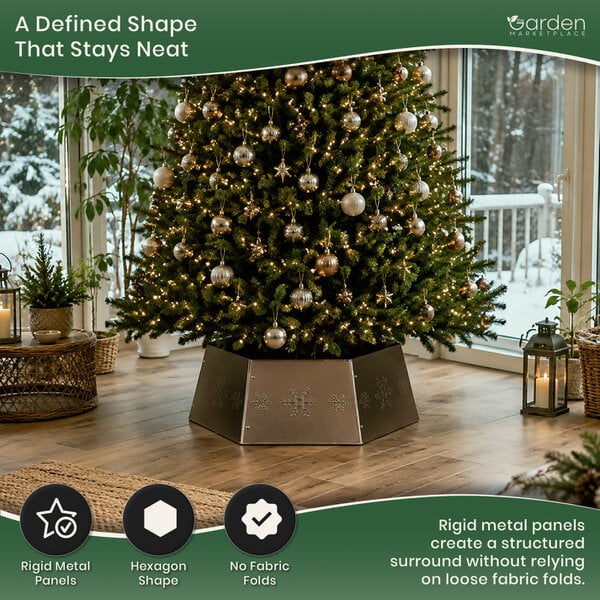 Hexagon Zinc Metal Christmas Tree Collar Stand Cover with Snowflake Pattern, Easy Screw-Together Design, Fits 1.5–2.6m Trees, 68cm x 25cm