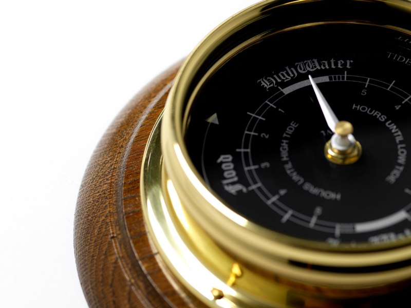 Handmade Prestige Tide Clock in Solid Brass With a Jet Black Dial, mounted on a solid English Dark Oak Wall Mount - TABIC CLOCKS