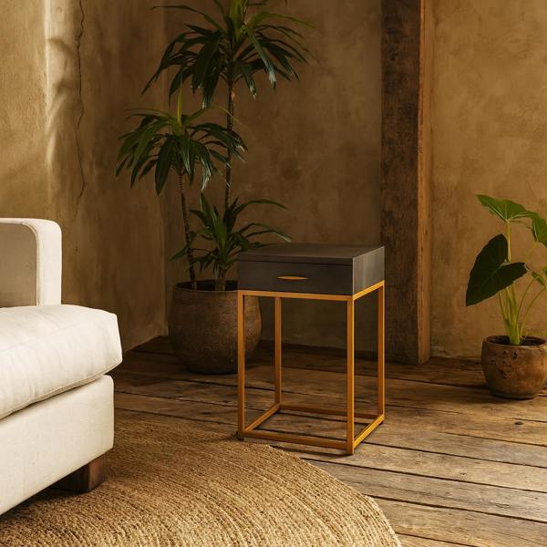 Wyld Haus Mandalo Brown Shagreen and Brass 1 Drawer Side Table