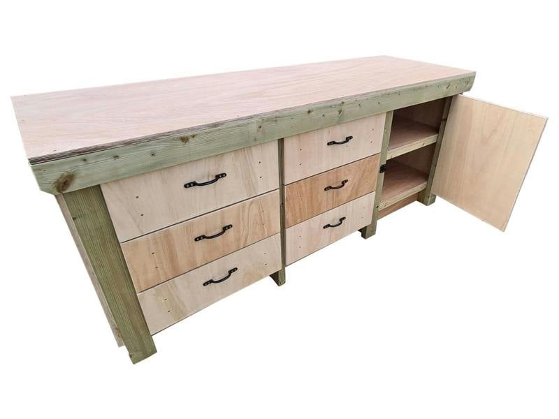 Arbor Garden Solutions Wooden Eucalyptus hardwood top workbench, cabinet with lockable cupboard (V.3) double shelf
